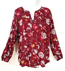 Old Navy Women's Burgundy Floral Peasant Top Long Sleeve V Neck Pullover Large - Picture 1 of 13