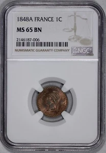 1848-A France 1c Centime NGC MS 65 BN - Picture 1 of 4