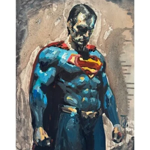 Arte de pared original de pintura de cómic pensativo de Impasto Superman sobre lienzo de 20" - Imagen 1 de 1