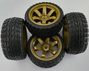 1/10 RC Car on road/touring/rally Wheels & Block Tread Tyres x4 Gold - Picture 1 of 6