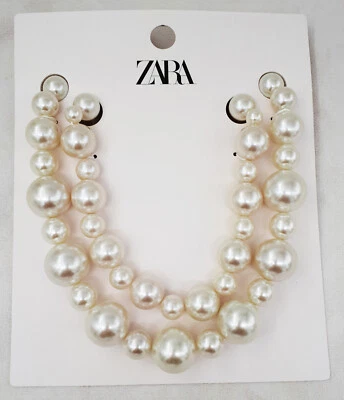 全新 带标签 ZARA 项链 4736/051 Maxi 双梨围兜 分层串珠 白色 — 第 1/4 张图片