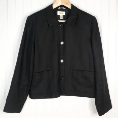 Talbots Womens Suit Jacket Blazer Black Irish Linen Two Pocket Long Sleeve 4 Foto 1 de 4