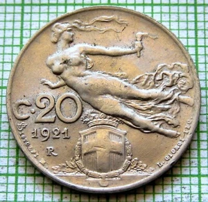 ITALY Vittorio Emanuele III 1921 R 20 CENTESIMI LIBERTY HOLDING A TORCH, NICKEL - Picture 1 of 6