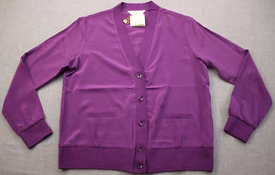 Cárdigan suéter BOBBY JONES CLOVER GOLF para mujer Cassis púrpura 100 % seda nuevo con etiquetas L Foto 1 de 4