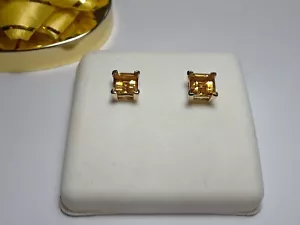 1.25ctw Natural Princess Cut Citrine 10Kt Yellow Gold Basket Stud Earrings#17024 - Picture 1 of 4