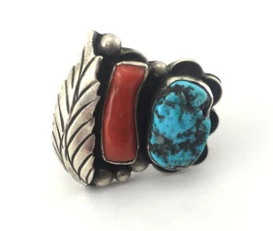 Navajo Turquoise, Coral and Silver Ring, c. 1960s, Size 8.25 - Picture 1 of 4