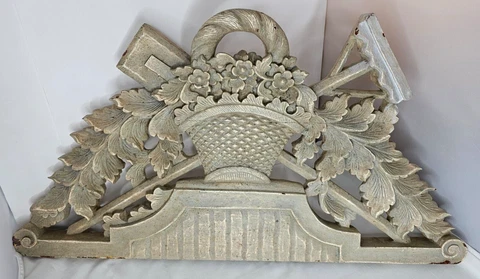 Antique Victorian Carved Wood Architectural Panel- Flower Basket Garden Hoe 28" Cover