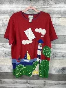 Quacker Factory Women’s 1X Short Sleeve Sweater With Embroidery Beach Scene - Picture 1 of 6