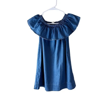 Crewcuts Girls Denim Off Shoulder Dress Size 7 Chambray Ruffle Casual - Image 1 of 4