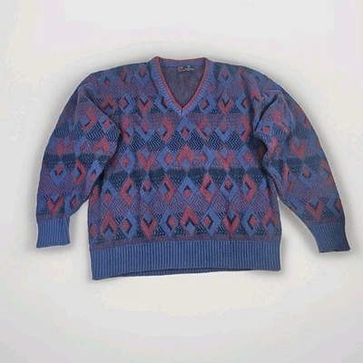 Винтажный 3D вязаный свитер с геометрическим V-образным вырезом размер большой 90-е квадратный остров хлопок США - Изображение 1 из 4