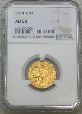 1915-S Indian Head $5 Gold Half Eagle NGC AU58 Superb Luster Rare Date #M182 - Image 1 of 4