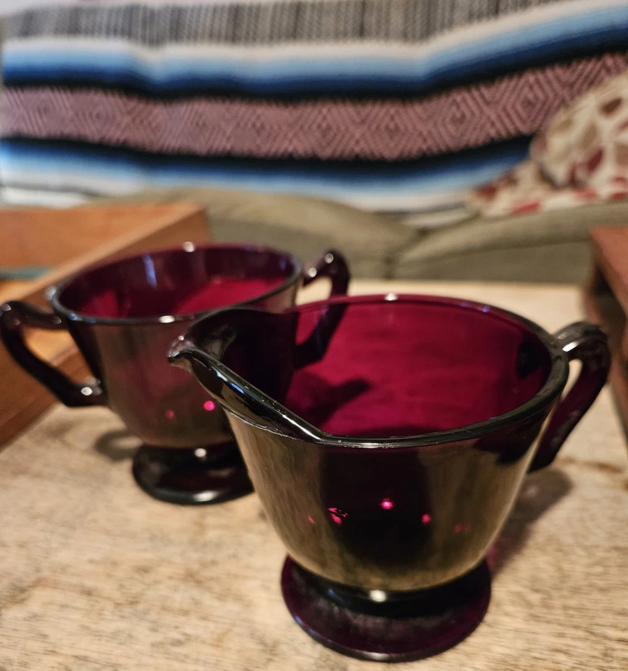 Vintage Anchor Hocking Ruby Red Glass Creamer and Open Sugar Bowl Royal Ruby  - Image 1 of 4