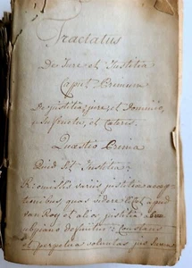 18th CENTURY LATIN MANUSCRIPT BOOK antique TRACTATUS DE JURE ET JUSTITIA vellum - Picture 1 of 11