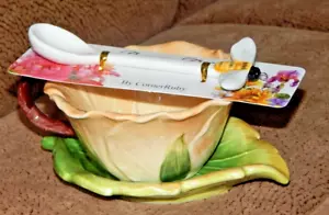 Corner Ruby Garden Collection Gold Sand Flower Teacup Leaf Saucer & Spoon New - Picture 1 of 10