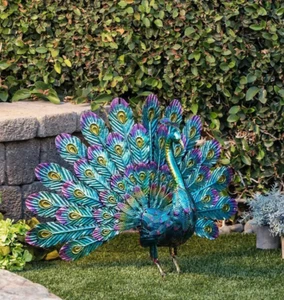 Peacock Statue With Tail Spread Metallic Garden Lawn Yard Decoration 23in Tall - Picture 1 of 4