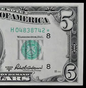 $5 1950B UNC Star Federal Reserve Note H04838742* series B, St Louis five dollar - Picture 1 of 3