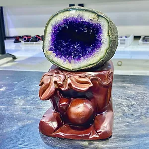 6.09LB Uruguay Natural Amethyst Money Bag Cave Decoration+Bracket - Picture 1 of 15