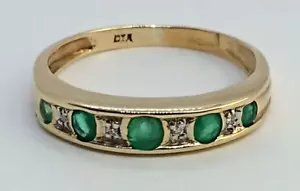 Art Deco Emerald & Diamond Half Eternity Vintage Ring 9ct Gold - Size O - Picture 1 of 10