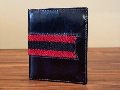 GUCCI Vintage Años 80 Línea Jerez Doble Plegable Hombres Cartera Cuero Negro Rojo Foto 1 de 4