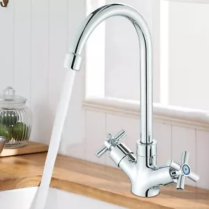 Modern Kitchen Sink Mixer Taps Swivel Spout Dual Lever Tap Mono Chrome Faucet - Picture 1 of 13