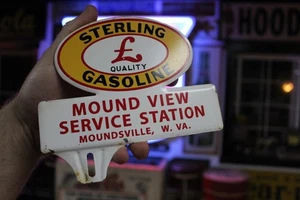 SELTEN 1950er STERLING BENZIN GESTEMPELT BEMALT METALL TOPPER SCHILD MOUNDSVILLE VA - Bild 1 von 12