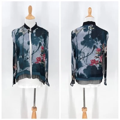 Chaqueta floral de seda CITRON Santa Monica para mujer mediana azul negro cuello mandarín Foto 1 de 4