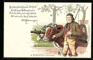 Lithographie Deckenpfronn b. Herrenberg, Bauer in Tracht mit seinem Ochesengesp  - Picture 1 of 2