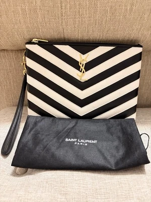 Saint Laurent YSL Pouch Wristlet Clutch Black White Leather - Image 1 of 4