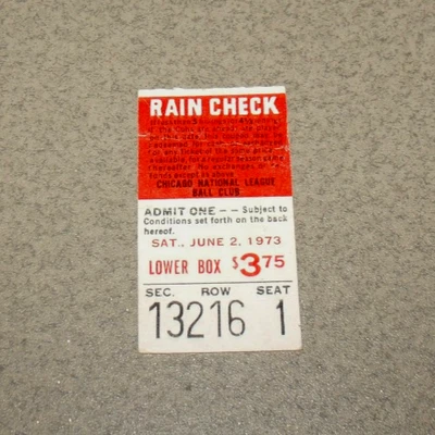 Chicago Cubs 6/2/1973 Ticket Stub vs Atlanta Ron Santo 1h Billy Williams 1h - Image 1 of 3