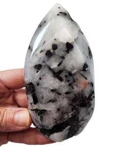 Black Tourmaline in Quartz Crystal Polished Flame Brazil 280 grams. - Picture 1 of 4