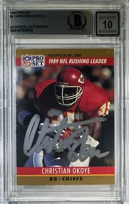 Christian Okoye auto NFL Pro Set 1989 Kansas City Chiefs BAS GM 10 Encap - Image 1 of 3