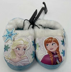 Disney Girls Light Blue & White Frozen Elsa Anna Snowflake Slippers- Size 5/6 - Picture 1 of 3