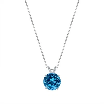 2.75 Ct Round 14K White Gold Blue Created Diamond Solitaire Pendant 18" Necklace - Image 1 of 3