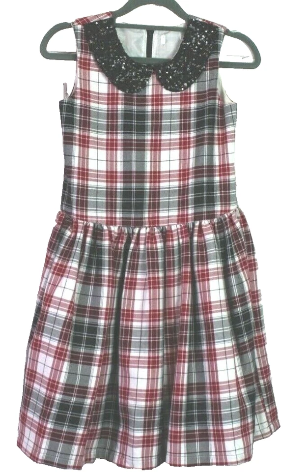 The Childrens Place 女孩 10 码红色格子假日派对礼服亮片领拉链 — 第 1/4 张图片