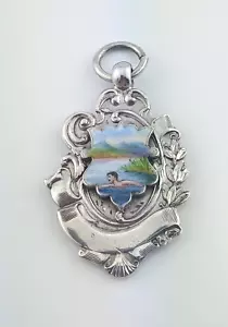EDWARDIAN SILVER & ENAMEL DOUBLE SIDED WILD SWIMMING PICTORIAL WATCH FOB 1905 - Picture 1 of 6