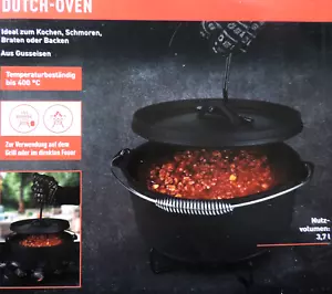Dutch Oven Feuertopf Topf Grilltopf Gusstopf Schmortopf Bräter BBQ 3,7L TOP NEU - Bild 1 von 3