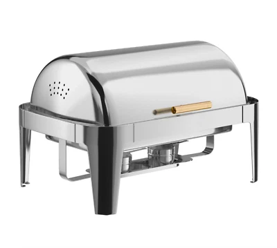 8 cuartos Juego de platos chafer con tapa enrollable de acero inoxidable de tamaño completo con acento dorado Foto 1 de 4