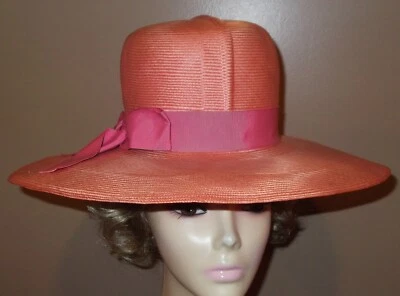 VTG  'DOREE of NY' Woven Peach W/Pink Bow Women's Wide Brim Hat 1950s/60s  #77 - Image 1 of 4