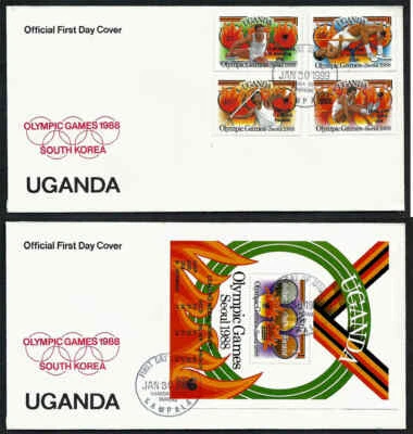 UGANDA, SCOTT # 651-655, JUEGO COMPLETO DE 2 CUBIERTAS FDC OLÍMPICAS SOBREIMPRESAS 1989 Foto 1 de 3