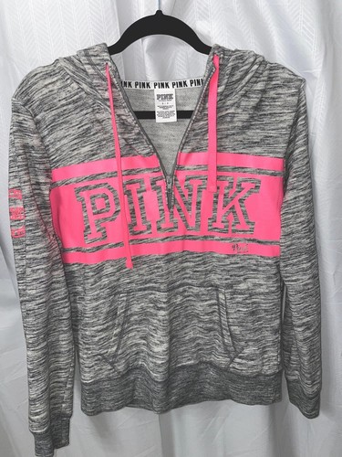 UNDERCOVER Victoria's Secret PINK Hoodie 1 4 Zip Marled Gray Pink Logo Sweatshirt Sz Small