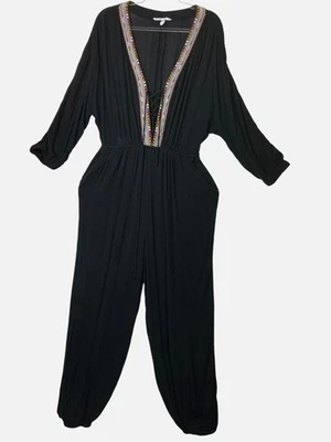 BCBG Black Embroidered Jumpsuit Large Boho Hippie Casual Gypsy Sexy Coastal Cute - Image 1 of 4