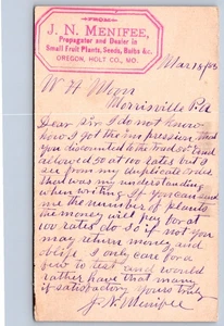 Postal K35/Oregon Missouri c1880 Holt County J.N. Menifee Seed Dealer 241 - Imagen 1 de 4