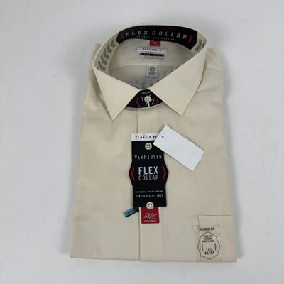 Van Heusen Men's Reg-Fit Flex Collar Stretch Solid Dress Shirt Beige-17.5 36/37 - Image 1 of 4