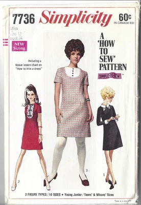 1968 SIMPLICITY 7736 SEWING PATTERN-MISS-SIZE 12-DRESS-AS-IS USED-CANADA - Image 1 of 2