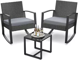 3-Piece Outdoor Rattan Rocking Bistro Set with Coffee Table for Garden Balcony - Picture 1 of 12
