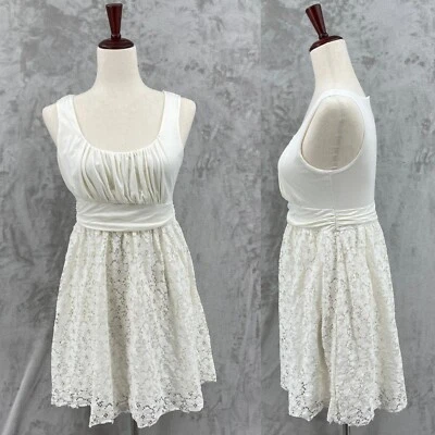 Vintage dELiA's Juniors Large Ivory Fit & Flare Eyelet Lace Mini Dress Ruched - Image 1 of 4