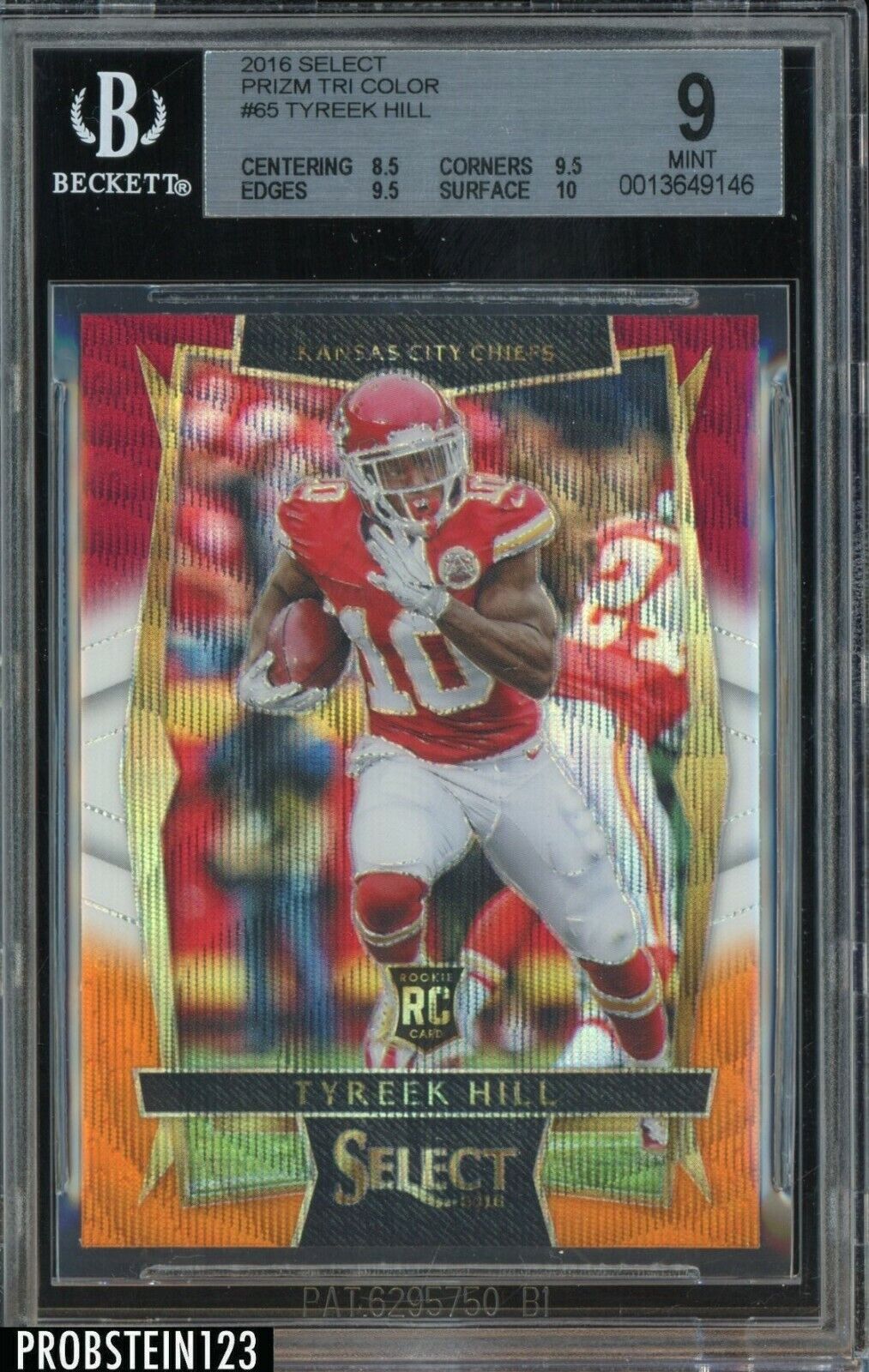 2016 Panini Select Tri-Color Prizm #65 Tyreek Hill Chiefs RC Rookie BGS 9 w/ 10