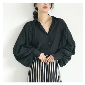 Mujeres Blusa Mezcla de Algodón Camisas Lisas Mangas Largas Oficina Ropa de Trabajo Retro Negra - Imagen 1 de 14