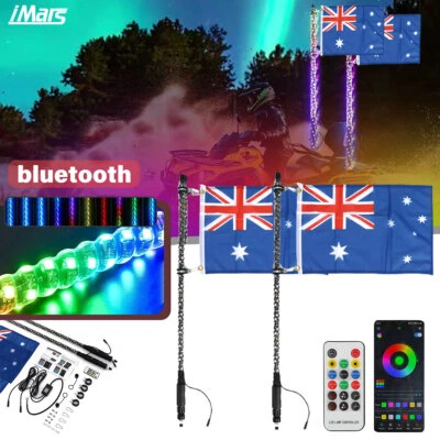 Pair 5FT bluetooth RGB Spiral LED Whip Lights W/ AU Flag &Remote For UTV ATV - image 1 of 4