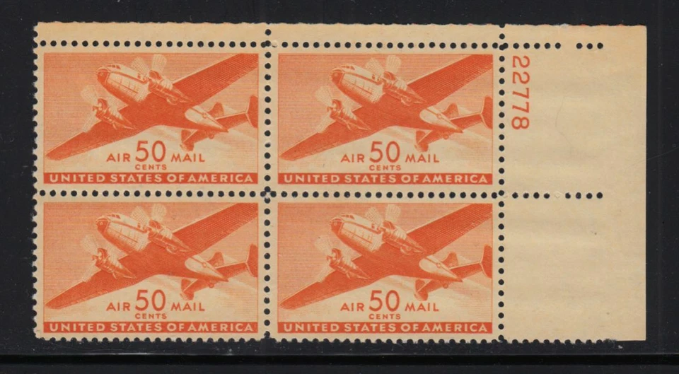 1946 Transport Plane Sc C31 50c Airmail MNH plate block Durland CV $60 - Image 1 of 1